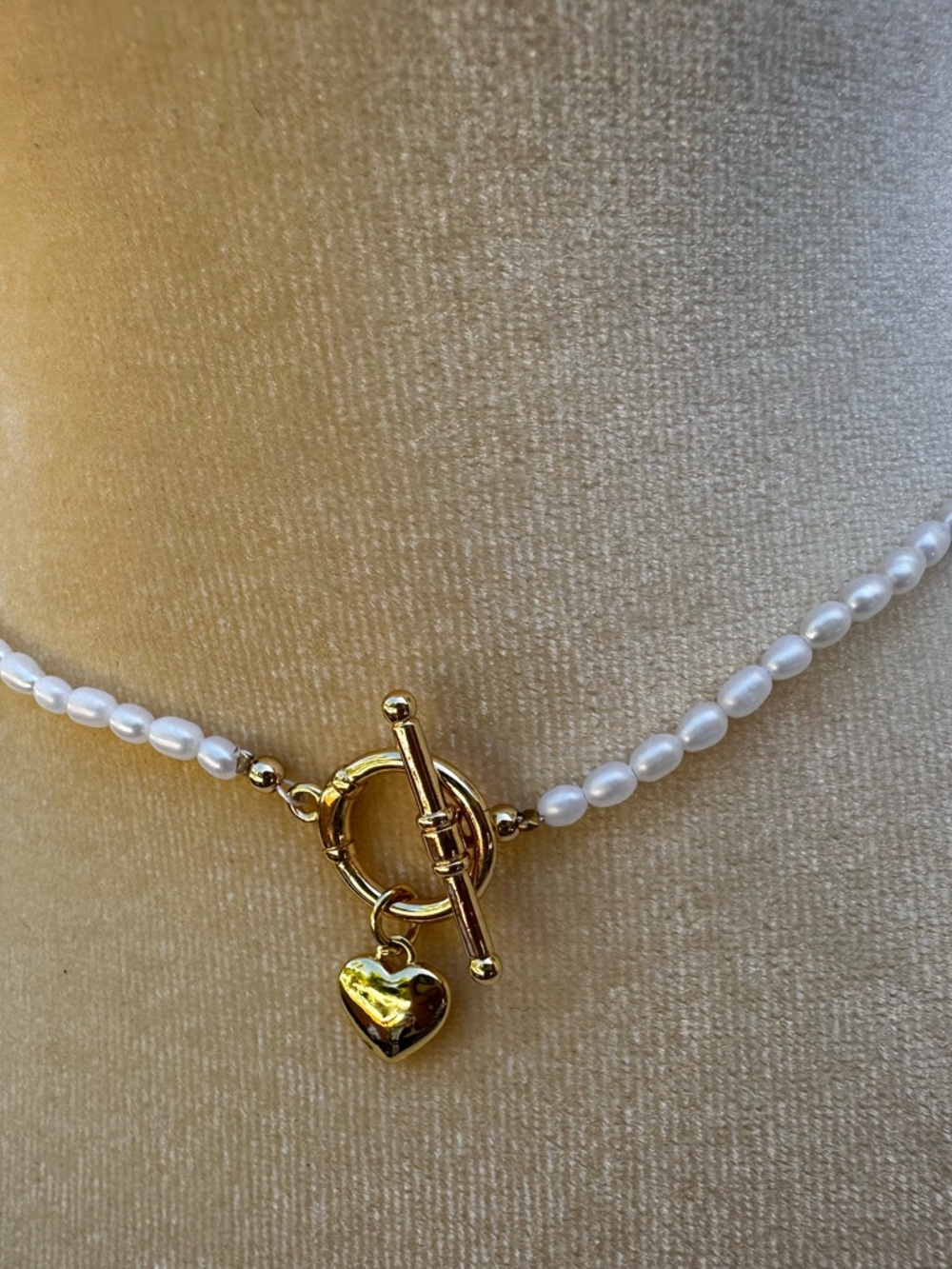 Hand Crafted Pearl Necklace with Gold Heart Toggle